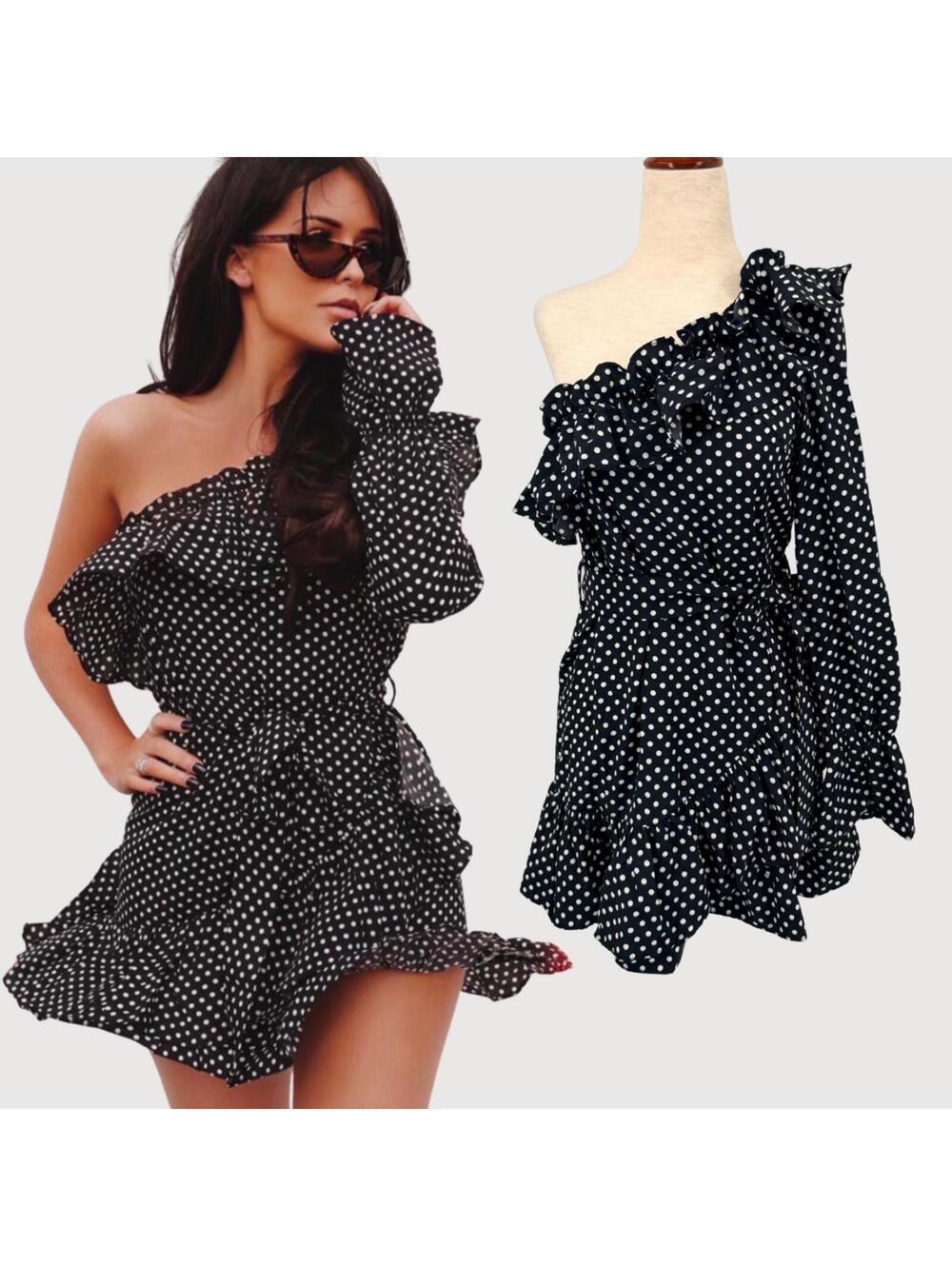 Saint Genies One Shoulder Polka Dot Ruffle Dress NWT 8